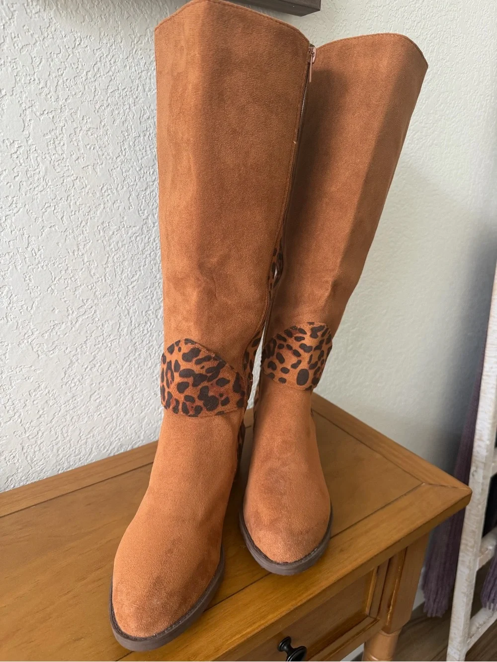 Women's Tall Brown Faux Suede Boots with Leopard Accent